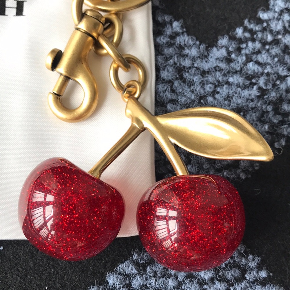 Coach Gold-Tone Cherry Keychain with Red Glitter Cherries - Picture 2 of 4